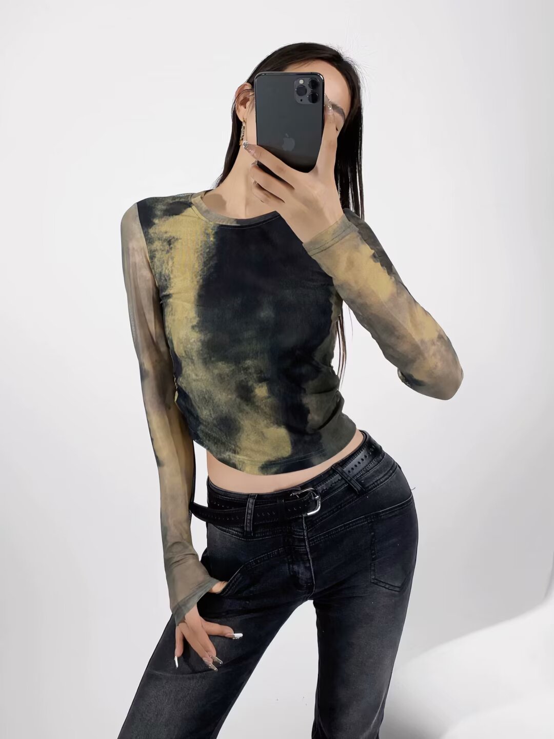 Women's Tie-Dye Mesh Long Sleeve T-Shirt - Sheer Slim Fit Streetwear Top for Hot Girls, Perfect for 90s & Y2K Fashion Women's Tie-Dye Mesh Long Sleeve T-Shirt - Sheer Slim Fit Streetwear Top for Hot Girls, Perfect for 90s & Y2K Fashion