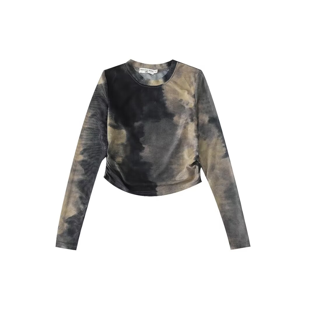 Women's Tie-Dye Mesh Long Sleeve T-Shirt - Sheer Slim Fit Streetwear Top for Hot Girls, Perfect for 90s & Y2K Fashion Women's Tie-Dye Mesh Long Sleeve T-Shirt - Sheer Slim Fit Streetwear Top for Hot Girls, Perfect for 90s & Y2K Fashion