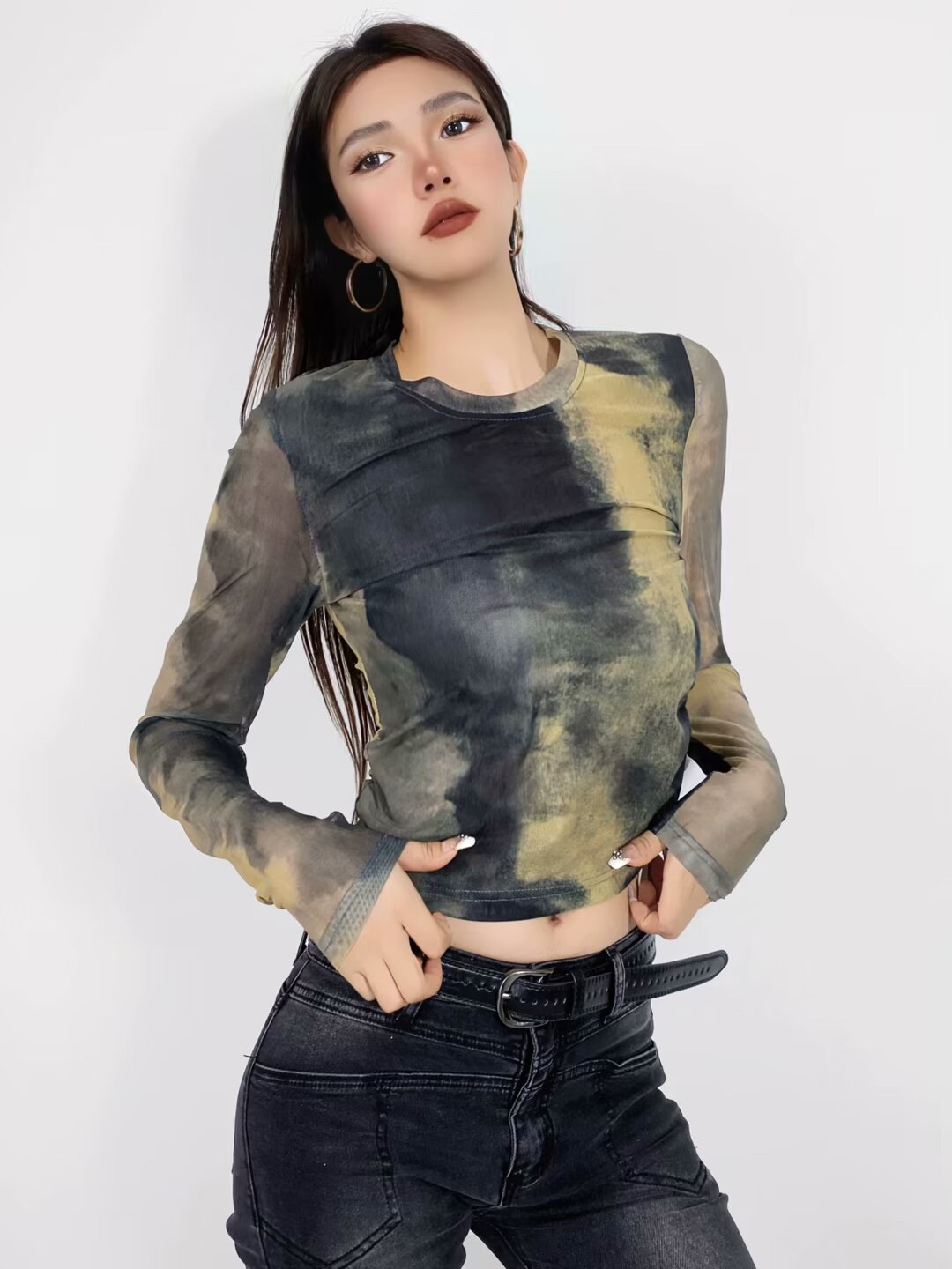 Women's Tie-Dye Mesh Long Sleeve T-Shirt - Sheer Slim Fit Streetwear Top for Hot Girls, Perfect for 90s & Y2K Fashion