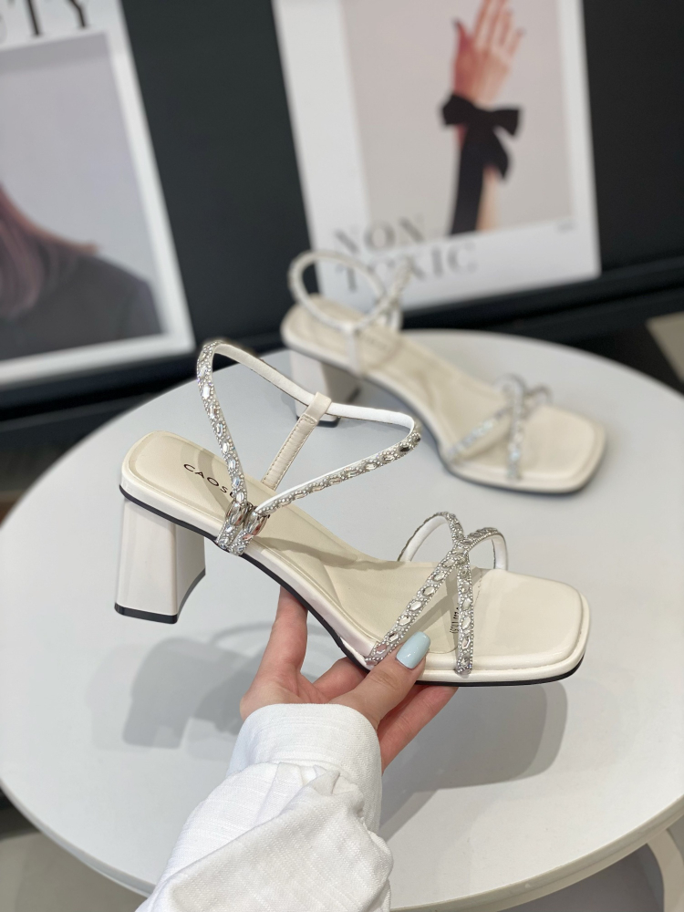 Women's Two-Way Fairy Style Sandals with Rhinestone Chunky Heel, Square Toe, Open-Toe Roman Slippers for Summer 2025