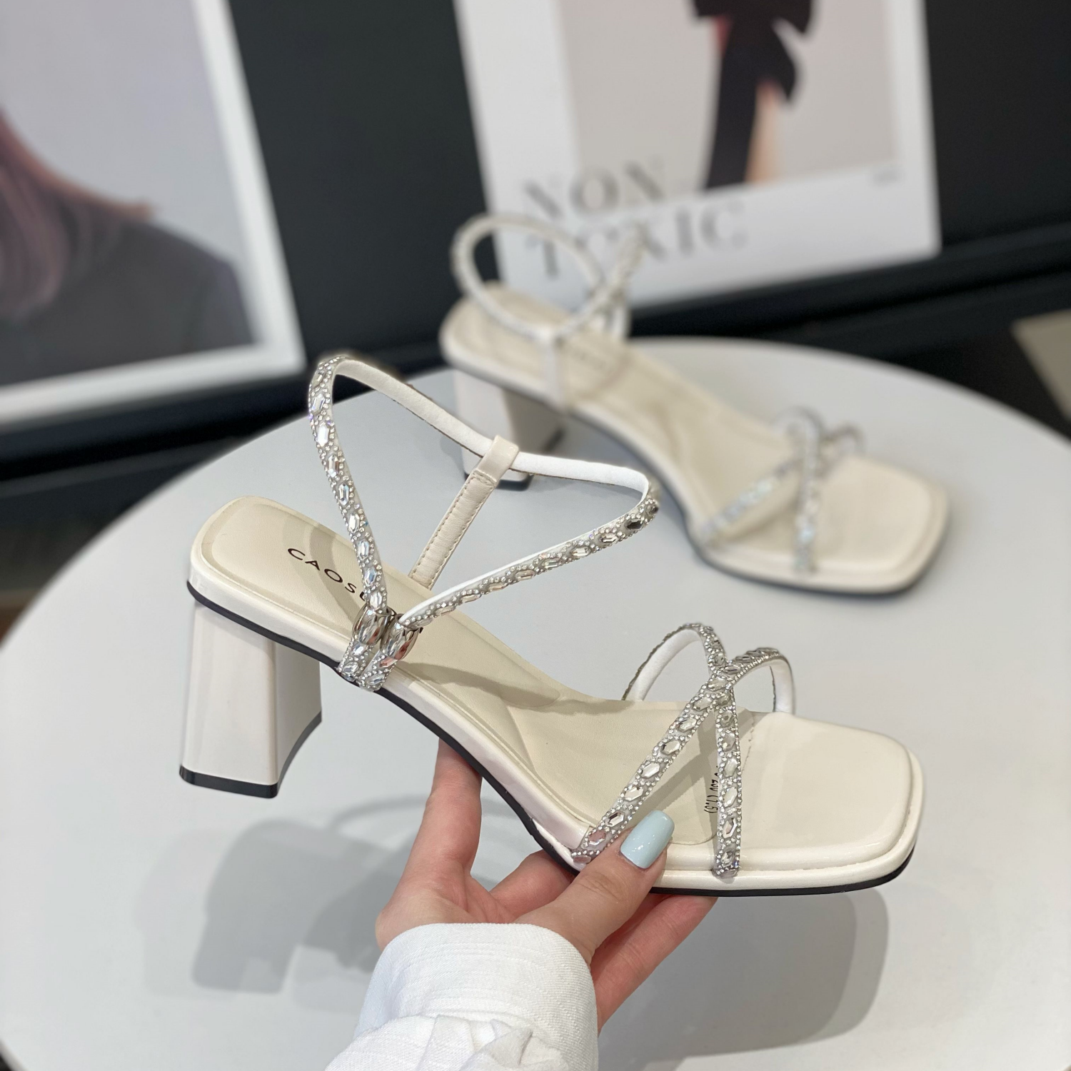 Women's Two-Way Fairy Style Sandals with Rhinestone Chunky Heel, Square Toe, Open-Toe Roman Slippers for Summer 2025