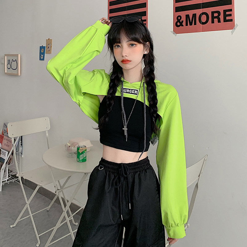 Women's Ultra-Short Hoodie for Jazz Street Dance, Trendy Hip Hop Long Sleeve Top for Spring and Autumn