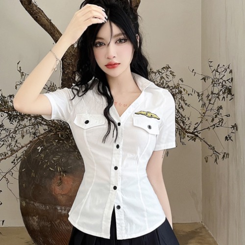 Women's V-Neck Fitted White Shirt and Pleated Skirt Set - Stylish Uniform for Hotel and Spa Technicians, Chic Workwear Outfit