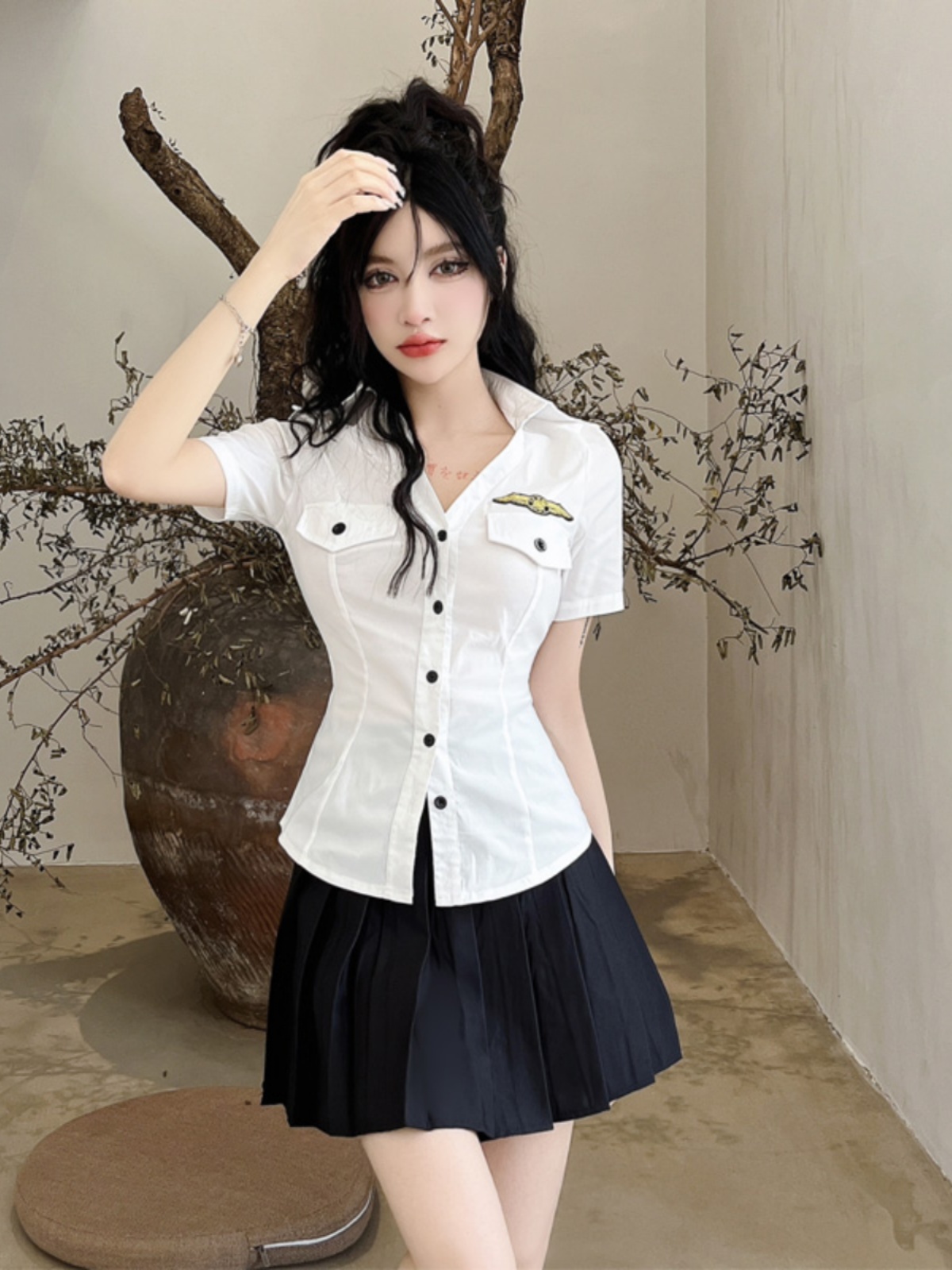 Women's V-Neck Fitted White Shirt and Pleated Skirt Set - Stylish Uniform for Hotel and Spa Technicians, Chic Workwear Outfit