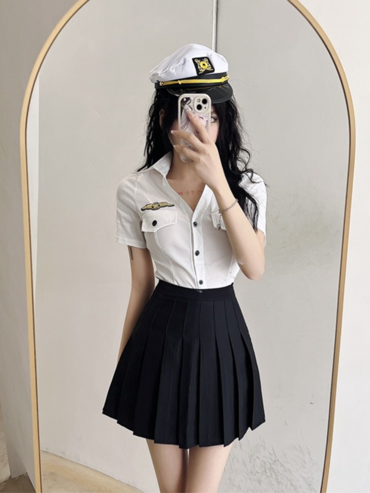 Women's V-Neck Fitted White Shirt and Pleated Skirt Set - Stylish Uniform for Hotel and Spa Technicians, Chic Workwear Outfit Women's V-Neck Fitted White Shirt and Pleated Skirt Set - Stylish Uniform for Hotel and Spa Technicians, Chic Workwear Outfit