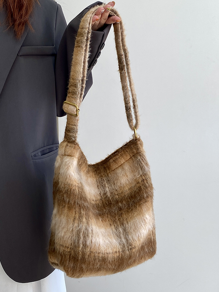 Women's Versatile Plaid Woolen Canvas Tote Bag - Spring Summer Melard Plush Handbag for Everyday Style