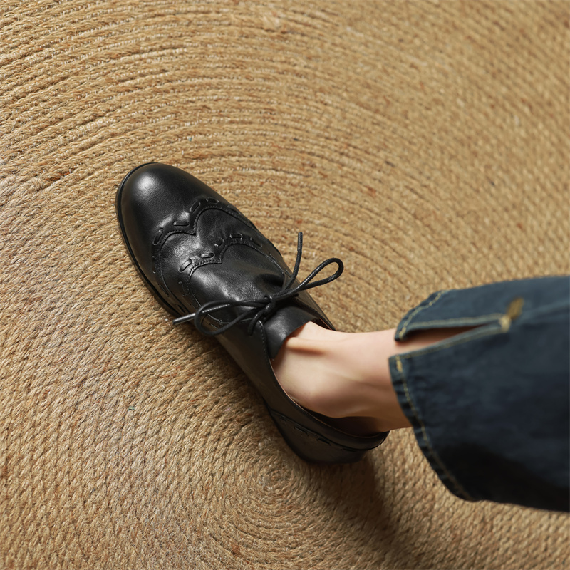 Women's Vintage Distressed Genuine Leather Lace-Up Loafers - Super Soft Cowhide British Style Flats