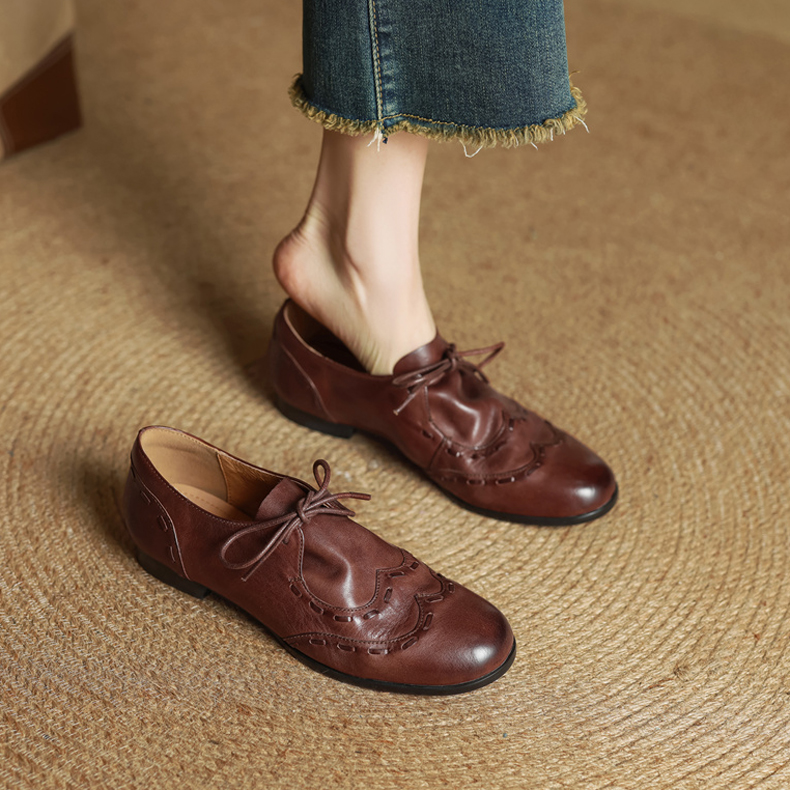 Women's Vintage Distressed Genuine Leather Lace-Up Loafers - Super Soft Cowhide British Style Flats