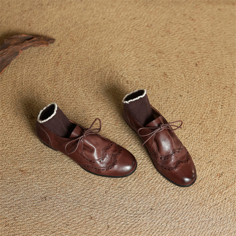 Women's Vintage Distressed Genuine Leather Lace-Up Loafers - Super Soft Cowhide British Style Flats Women's Vintage Distressed Genuine Leather Lace-Up Loafers - Super Soft Cowhide British Style Flats