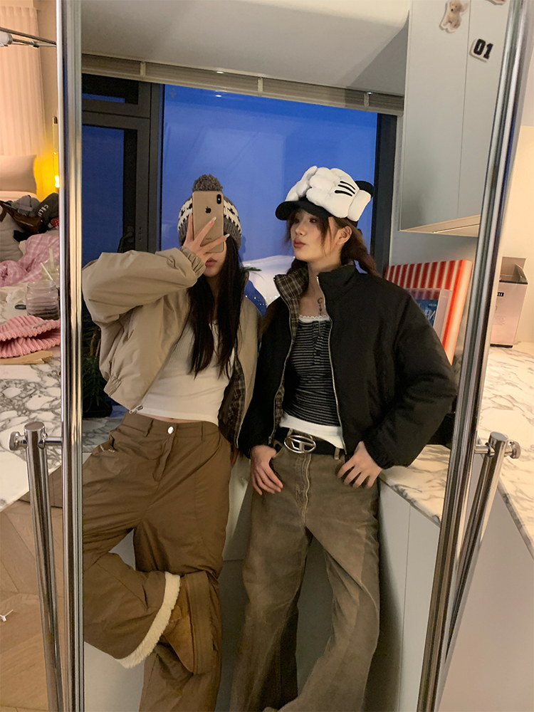 Women's Vintage Plaid Short Cotton Jacket - Slimming Versatile Puffer Coat for Autumn & Winter, 90s Inspired Style