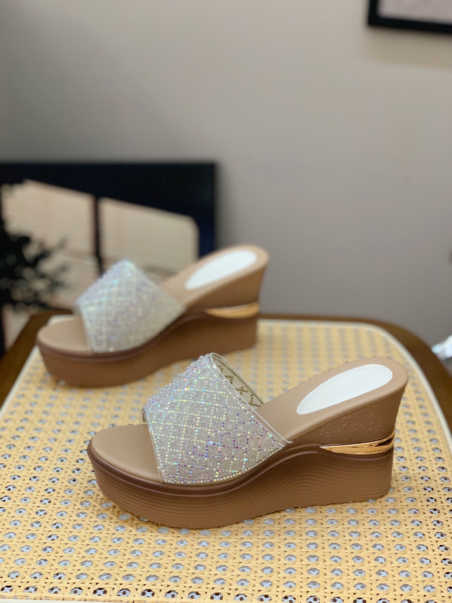 Women's Wedge Sandals 2025 - Summer Platform Slip-On with Thick Sole and Rhinestone Details, Stylish and Versatile Footwear