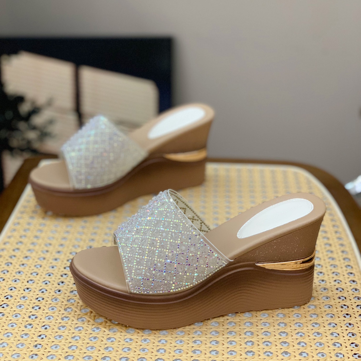 Women's Wedge Sandals 2025 - Summer Platform Slip-On with Thick Sole and Rhinestone Details, Stylish and Versatile Footwear