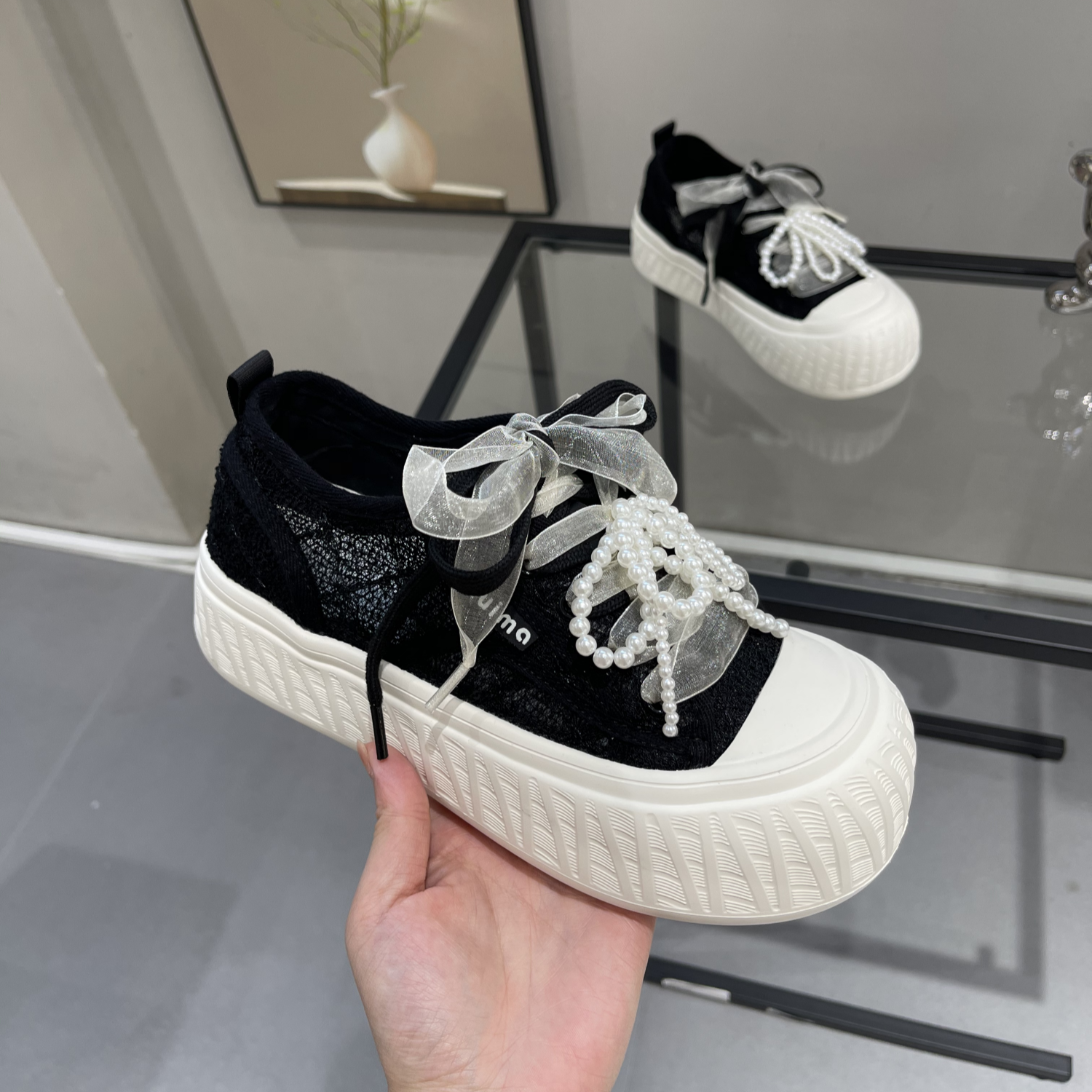 Womenâ€™s White Lace Mesh Genuine Leather Sneakers - Trendy Cute Big Head Casual Shoes for Summer 2025, Y2K Style