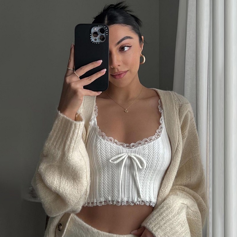 Women's White Lace Trim Camisole 2025 - Spliced Slim Fit Short Top for Y2K and Korean Style Fashion