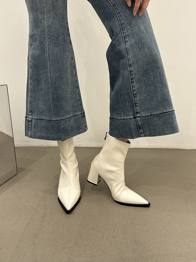 Women's White Pointed Toe Ankle Boots - 2025 Autumn Winter High Heels, Plush, Versatile Slim Fit, Trendy Fashion Footwear