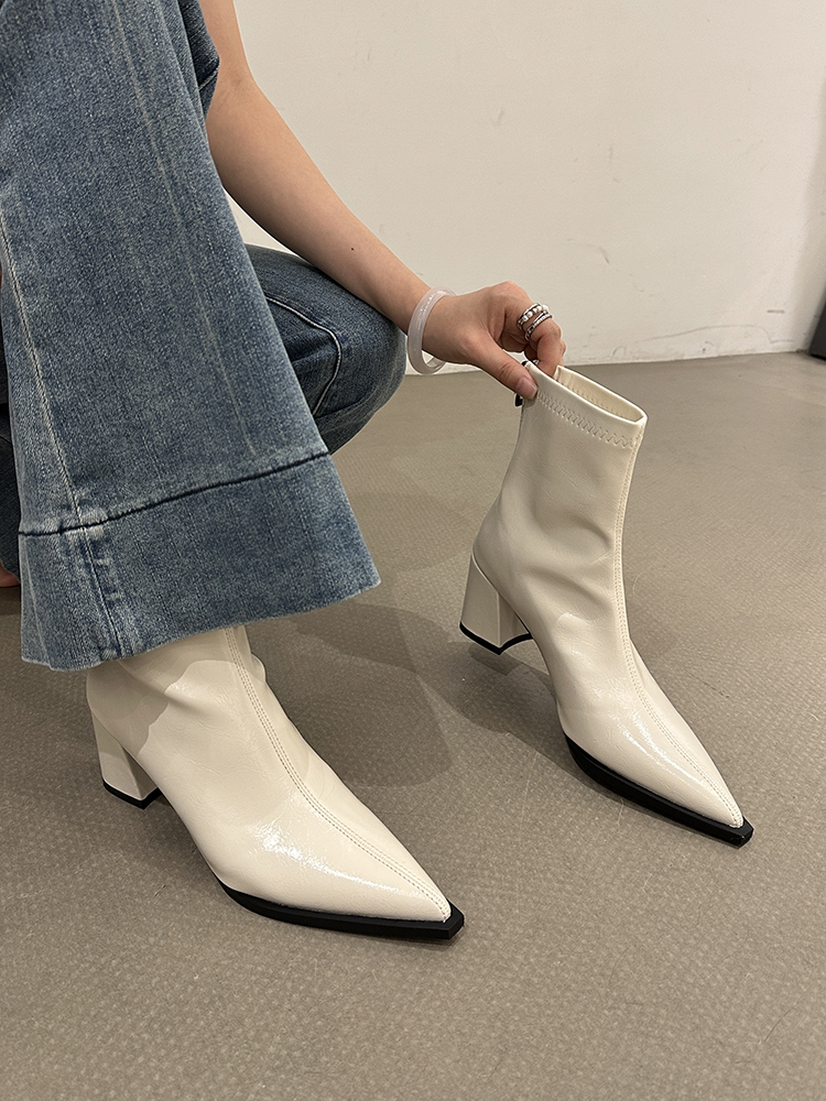 Women's White Pointed Toe Ankle Boots - 2025 Autumn Winter High Heels, Plush, Versatile Slim Fit, Trendy Fashion Footwear Women's White Pointed Toe Ankle Boots - 2025 Autumn Winter High Heels, Plush, Versatile Slim Fit, Trendy Fashion Footwear