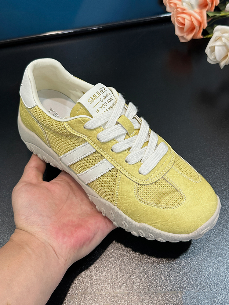 Women's Yellow Mesh Lace-Up Training Shoes - Breathable Thick-Soled Casual Sneakers for Summer 2025