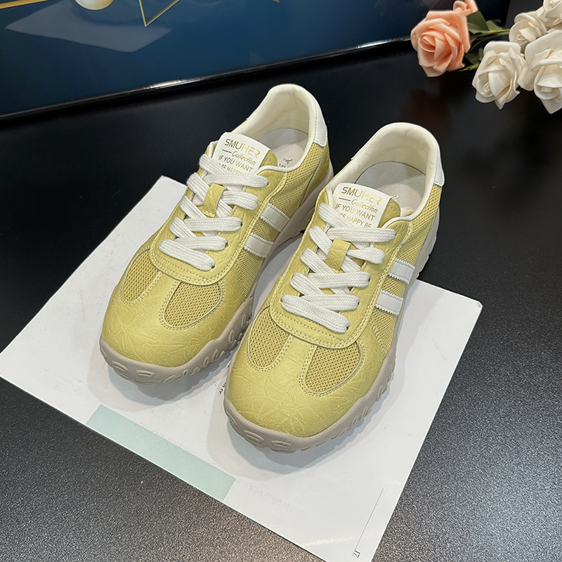Women's Yellow Mesh Lace-Up Training Shoes - Breathable Thick-Soled Casual Sneakers for Summer 2025