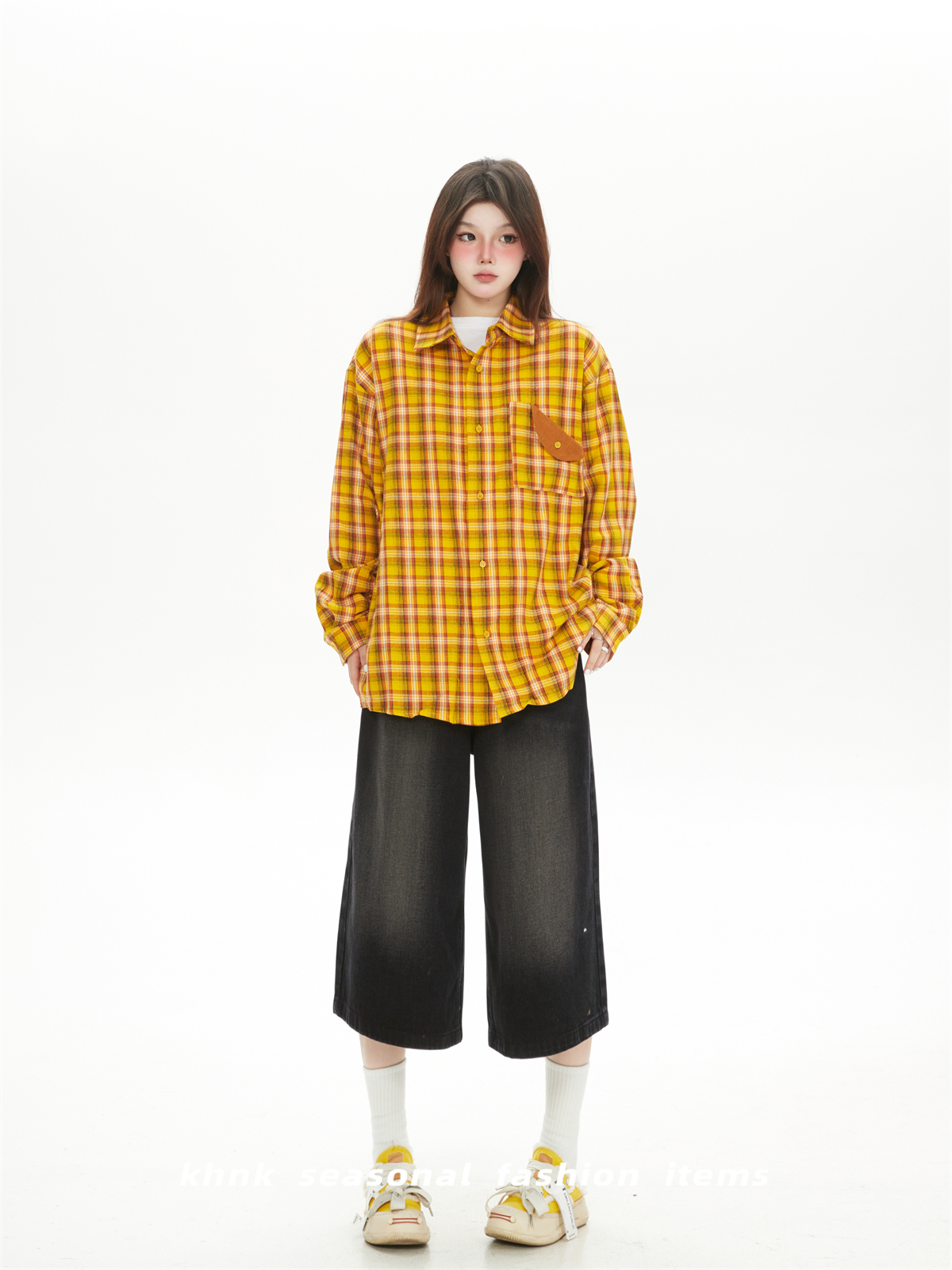 Women's Yellow Plaid Shirt Jacket - American Retro Street Style, 2025 Spring Loose BF Style, Trendy Fashion Essential