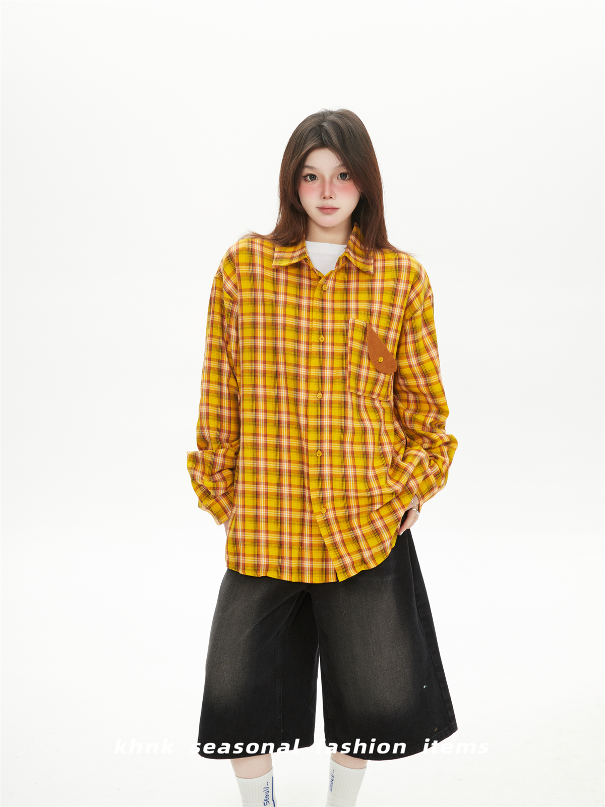 Women's Yellow Plaid Shirt Jacket - American Retro Street Style, 2025 Spring Loose BF Style, Trendy Fashion Essential