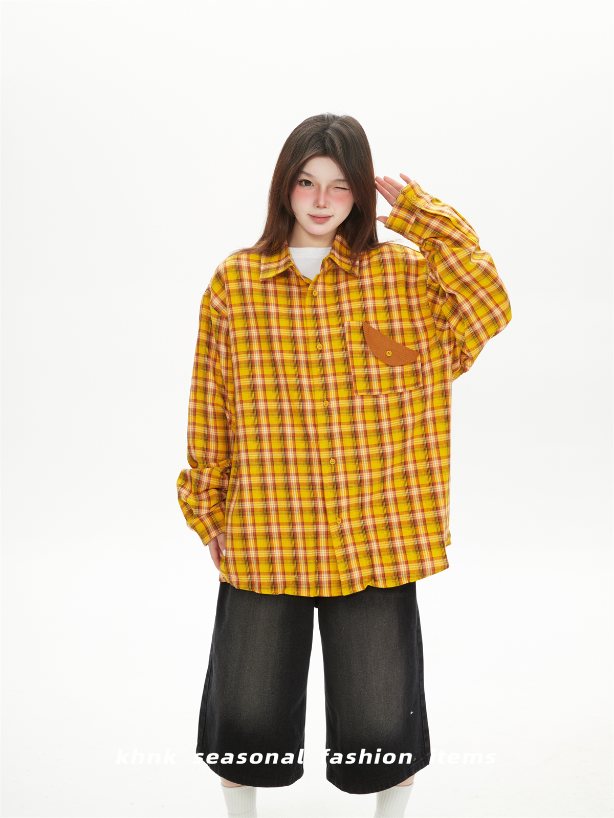 Women's Yellow Plaid Shirt Jacket - American Retro Street Style, 2025 Spring Loose BF Style, Trendy Fashion Essential Women's Yellow Plaid Shirt Jacket - American Retro Street Style, 2025 Spring Loose BF Style, Trendy Fashion Essential