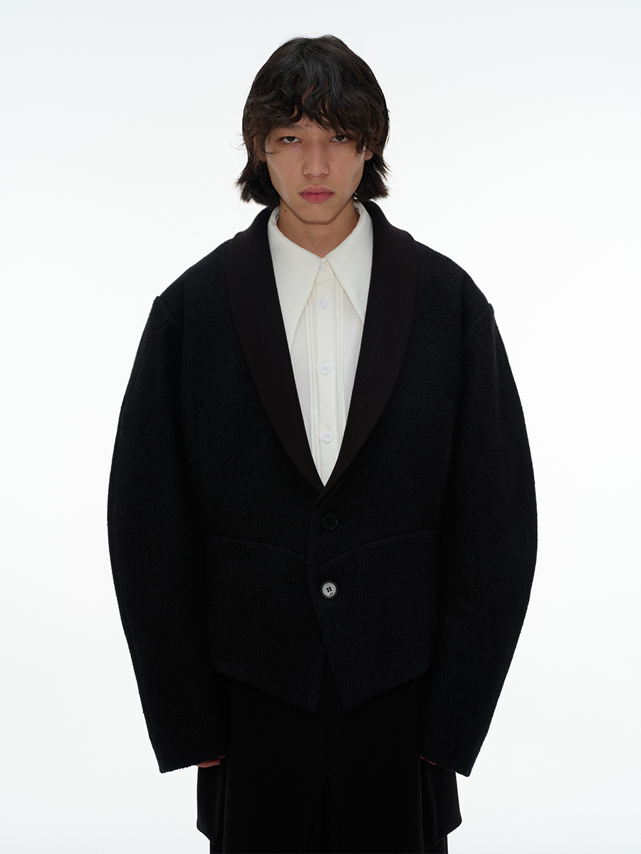 Wool Green Jacket with Fruit Collar, Curved Blade Design, Terry Texture, Waist-Cinched Style - Chic Palace Fashion Wool Green Jacket with Fruit Collar, Curved Blade Design, Terry Texture, Waist-Cinched Style - Chic Palace Fashion