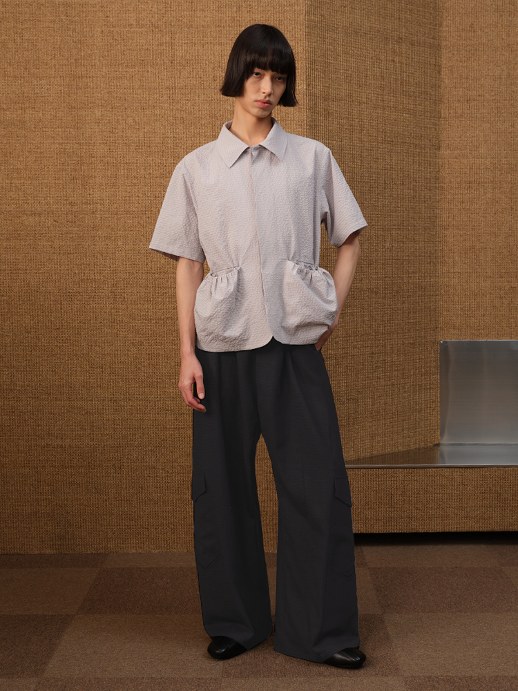 Wool Low-Crotch Plaid Work Trousers with Side Pockets - Long Banana Pants Style for a Trendy 90s Look Wool Low-Crotch Plaid Work Trousers with Side Pockets - Long Banana Pants Style for a Trendy 90s Look