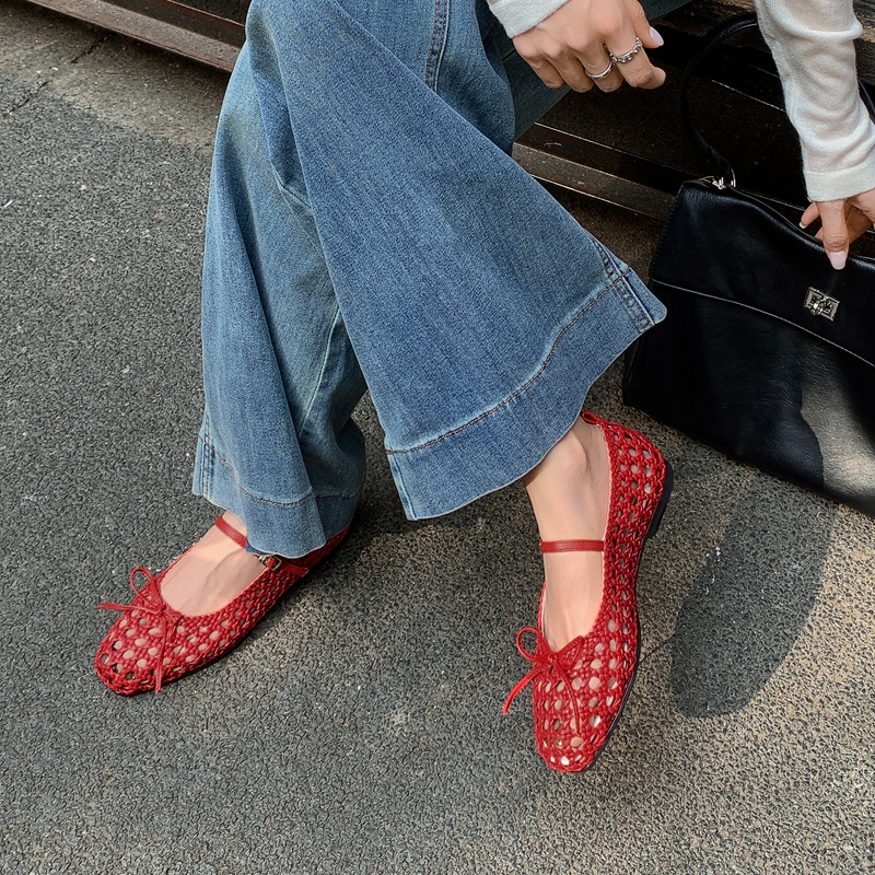 Woven Hole Bow Ballet Flat Sandals - One-Strap Mary Jane Shoes for Women - Summer Fashion Footwear