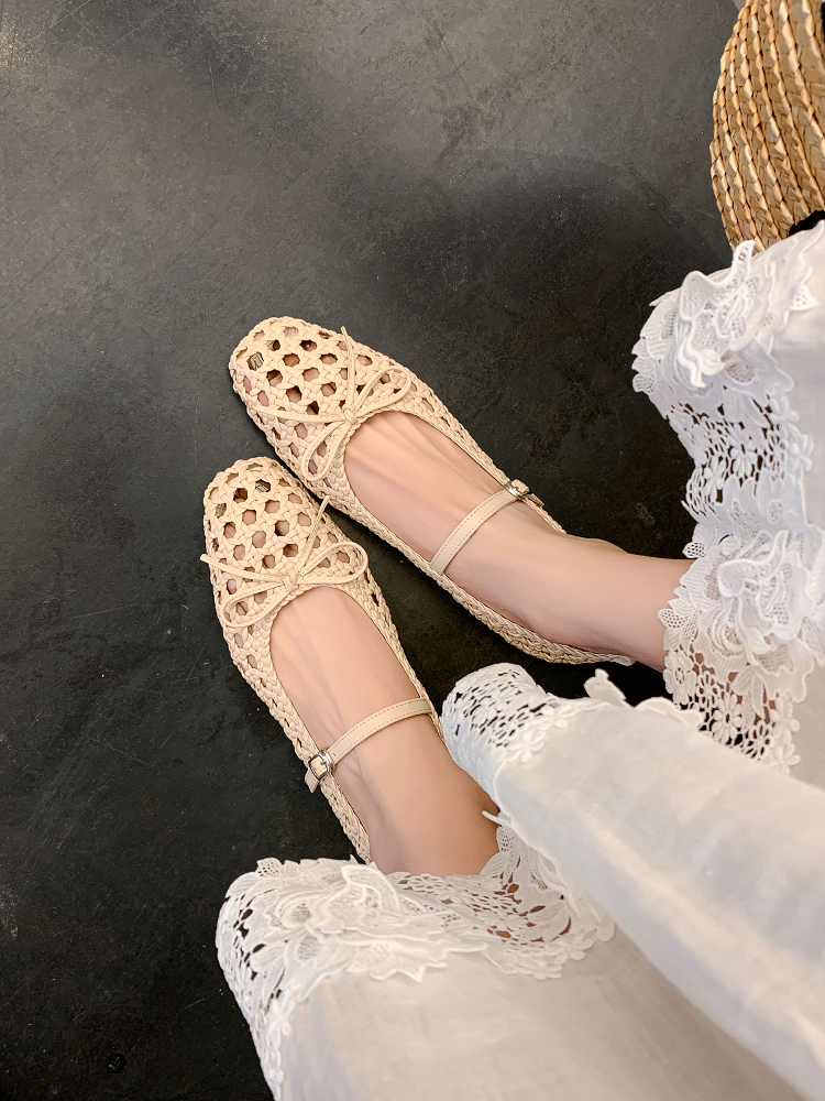 Woven Hole Bow Ballet Flat Sandals - One-Strap Mary Jane Shoes for Women - Summer Fashion Footwear Woven Hole Bow Ballet Flat Sandals - One-Strap Mary Jane Shoes for Women - Summer Fashion Footwear