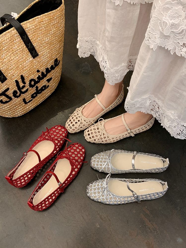 Woven Hole Bow Ballet Flat Sandals - One-Strap Mary Jane Shoes for Women - Summer Fashion Footwear Woven Hole Bow Ballet Flat Sandals - One-Strap Mary Jane Shoes for Women - Summer Fashion Footwear
