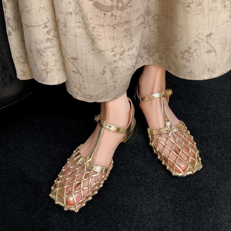 Woven Hollow Low-Heeled Roman Sandals for Women - Dreamcatcher Design, Summer Vacation Style, Gold Pig Cage Shoes