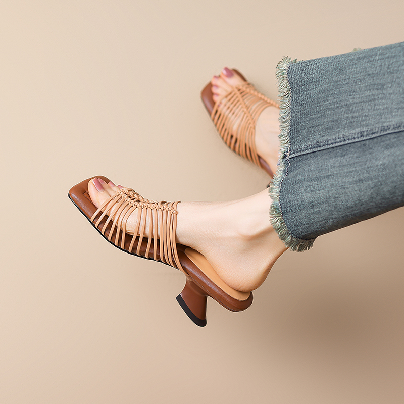 Woven Square Toe Open-Toe Slippers for Women - Summer Vacation Beach Slide Sandals in Casual Lazy Style