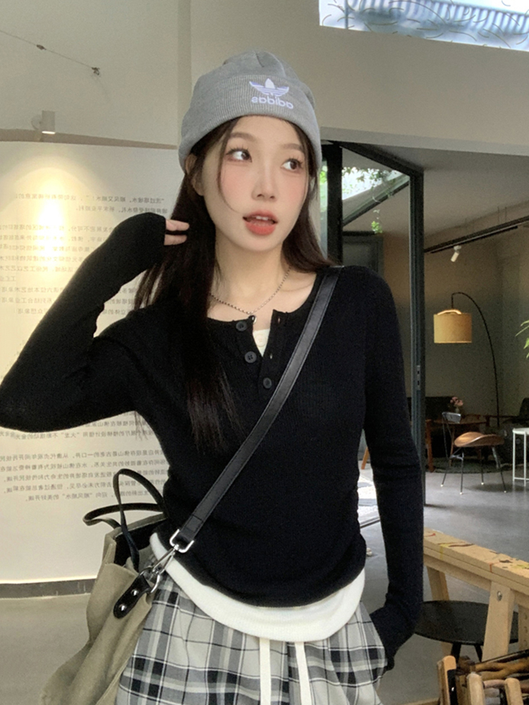 Y2K Abijazz Dance Short Top - Spicy Knitwear for K-Pop Music Festival, Trendy Fake Two-Piece Style Y2K Abijazz Dance Short Top - Spicy Knitwear for K-Pop Music Festival, Trendy Fake Two-Piece Style