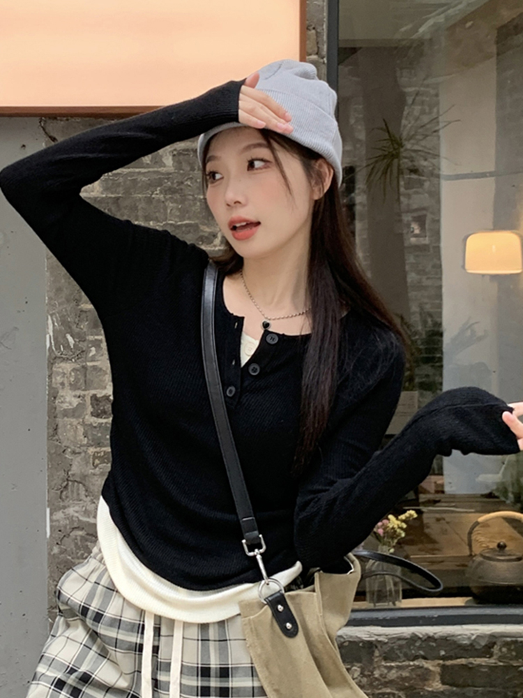 Y2K Abijazz Dance Short Top - Spicy Knitwear for K-Pop Music Festival, Trendy Fake Two-Piece Style Y2K Abijazz Dance Short Top - Spicy Knitwear for K-Pop Music Festival, Trendy Fake Two-Piece Style