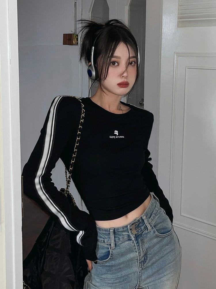 Y2K American Style Short Jazz Dance Top for Women - Long Sleeve Slim-Fit Shirt, Spicy Girl Aesthetic, K-Pop Inspired Fashion