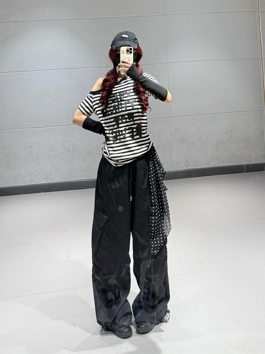 Y2K Black Striped Off-Shoulder T-Shirt for Women - Sweet and Spicy Jazz Dance Short Sleeve Top Y2K Black Striped Off-Shoulder T-Shirt for Women - Sweet and Spicy Jazz Dance Short Sleeve Top