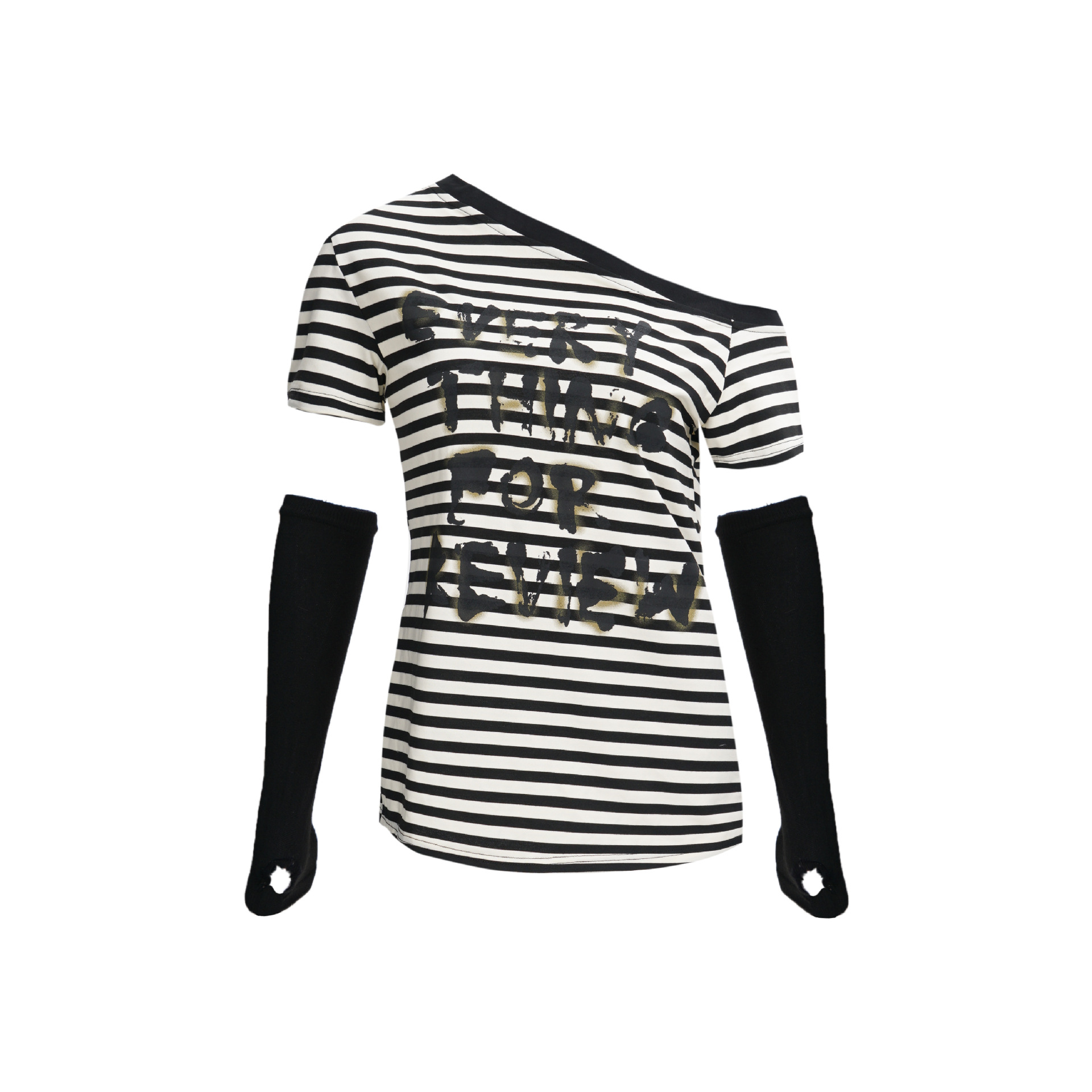 Y2K Black Striped Off-Shoulder T-Shirt for Women - Sweet and Spicy Jazz Dance Short Sleeve Top