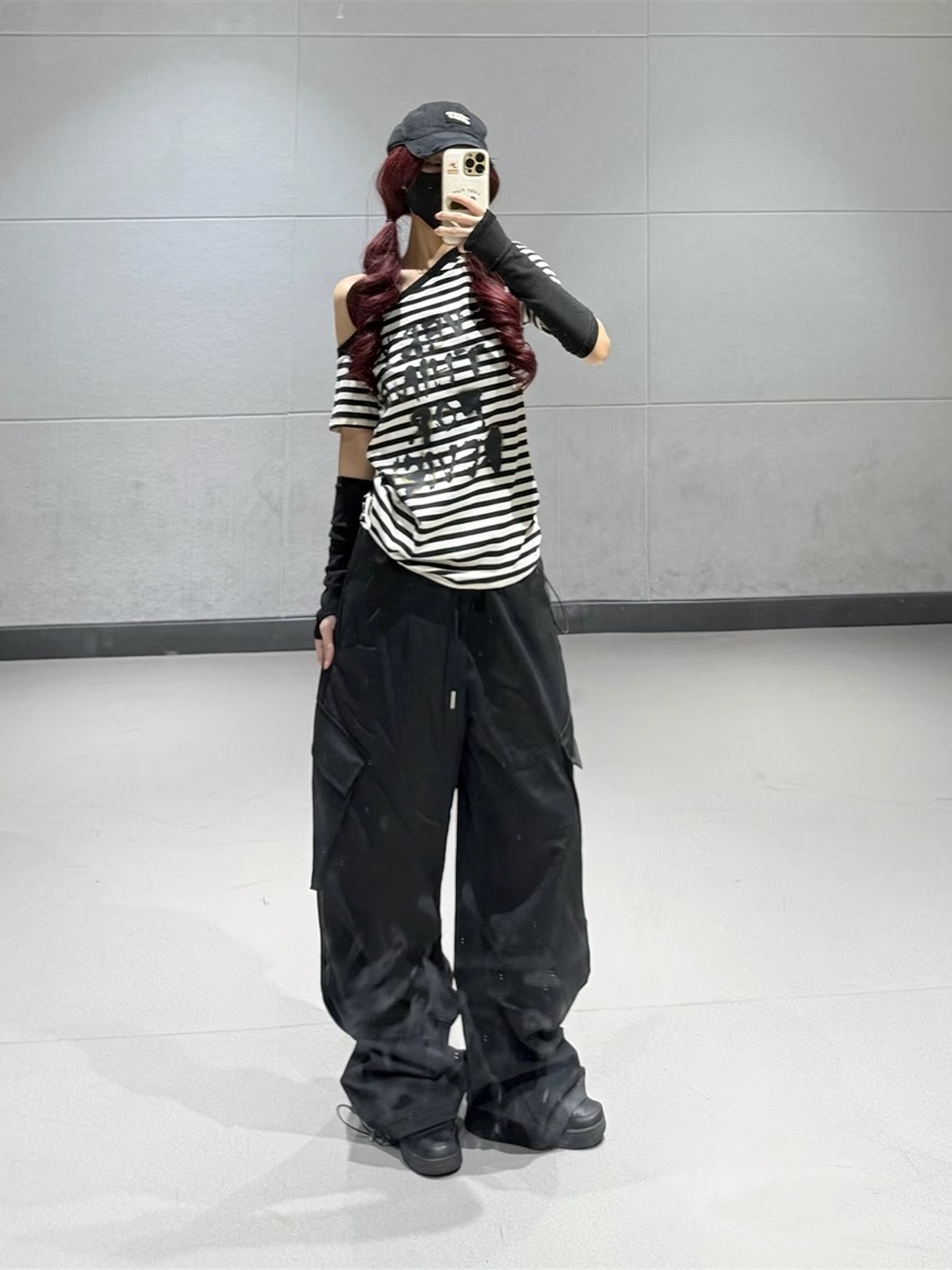 Y2K Black Striped Off-Shoulder T-Shirt for Women - Sweet and Spicy Jazz Dance Short Sleeve Top Y2K Black Striped Off-Shoulder T-Shirt for Women - Sweet and Spicy Jazz Dance Short Sleeve Top