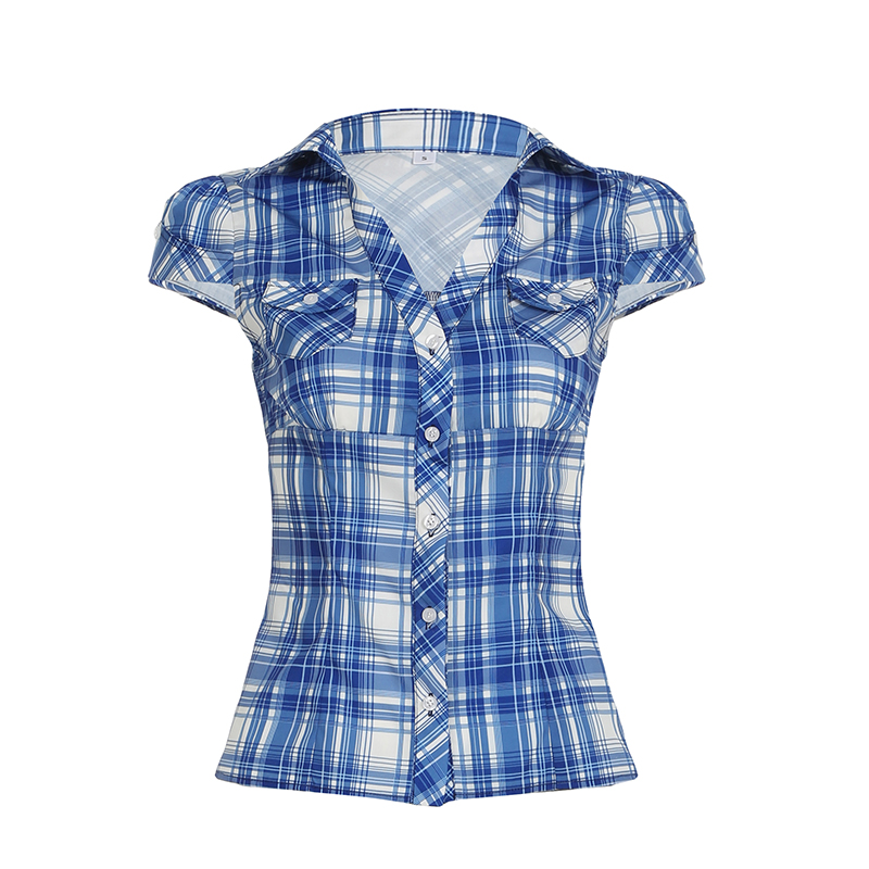 Y2K British Academy Style Blue Plaid V-Neck Shirt for Women, Casual Single-Breasted Flipped Design