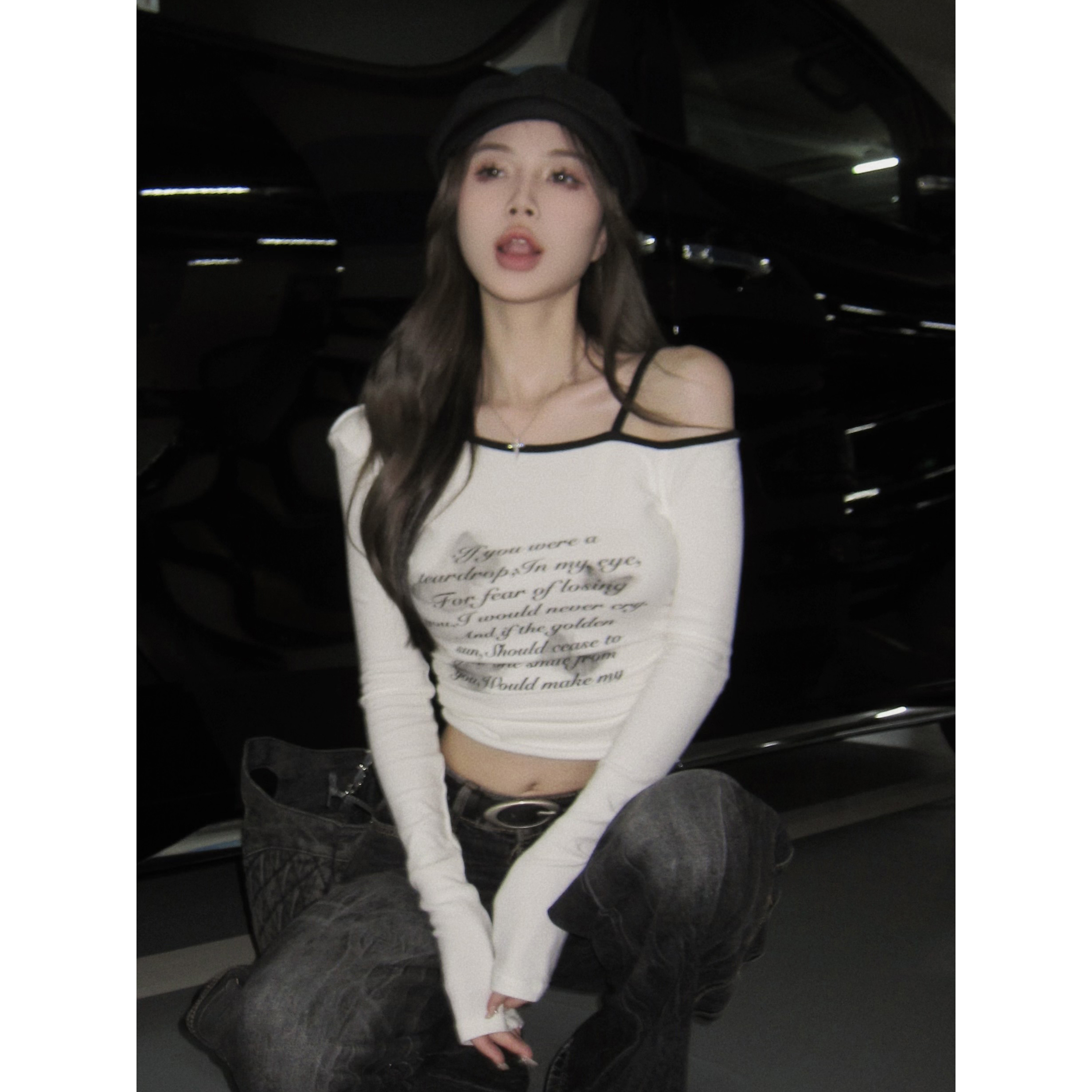 Y2K Cropped Long-Sleeve T-Shirt for Women, Kpop Jazz Dance Top, Girls' Performance Outfit, Autumn Music Festival Style