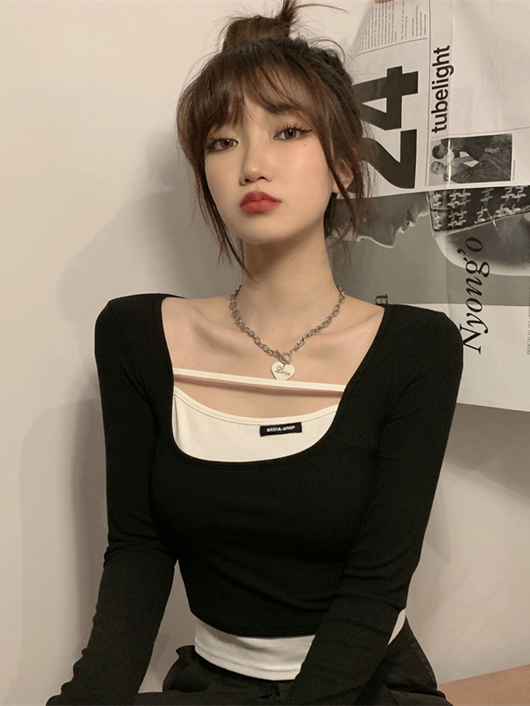 Y2K Fake Two-Piece Long Sleeve Top for Women - Hip-Hop Dance Outfit, K-Pop Performance Style Y2K Fake Two-Piece Long Sleeve Top for Women - Hip-Hop Dance Outfit, K-Pop Performance Style