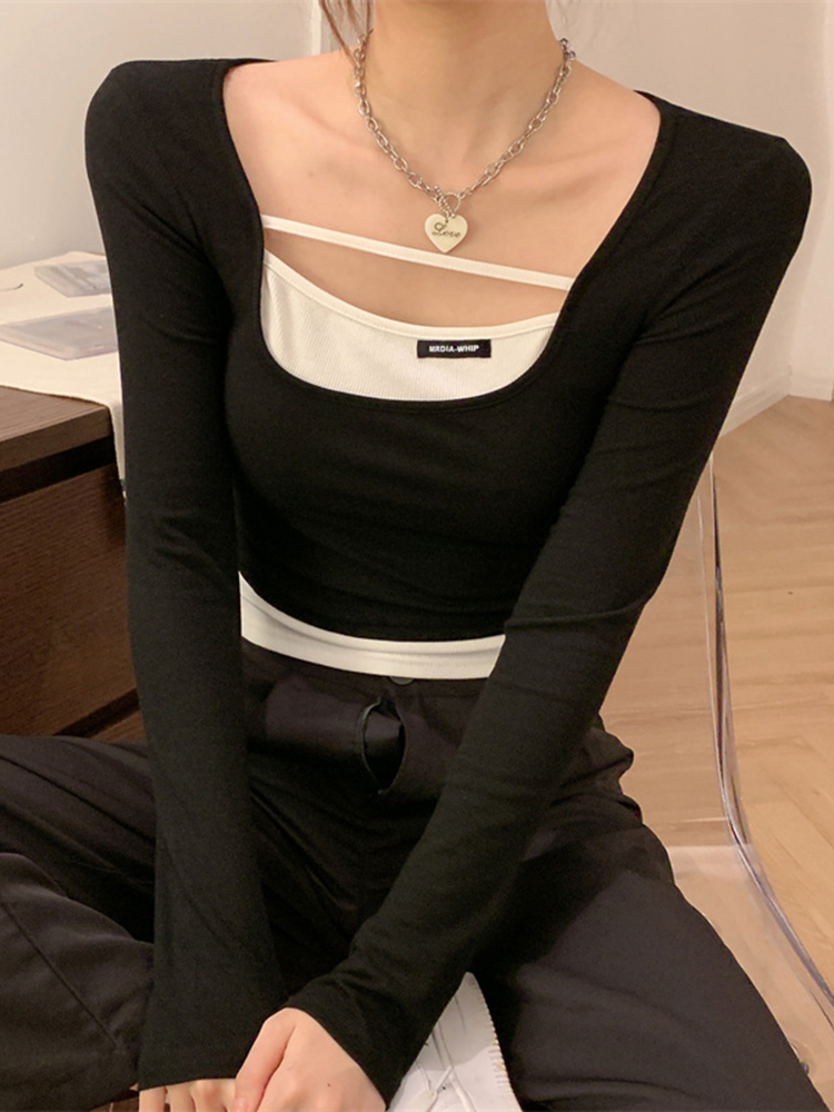 Y2K Fake Two-Piece Long Sleeve Top for Women - Hip-Hop Dance Outfit, K-Pop Performance Style Y2K Fake Two-Piece Long Sleeve Top for Women - Hip-Hop Dance Outfit, K-Pop Performance Style