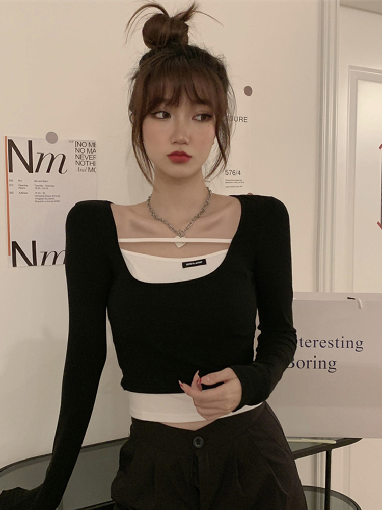 Y2K Fake Two-Piece Long Sleeve Top for Women - Hip-Hop Dance Outfit, K-Pop Performance Style Y2K Fake Two-Piece Long Sleeve Top for Women - Hip-Hop Dance Outfit, K-Pop Performance Style