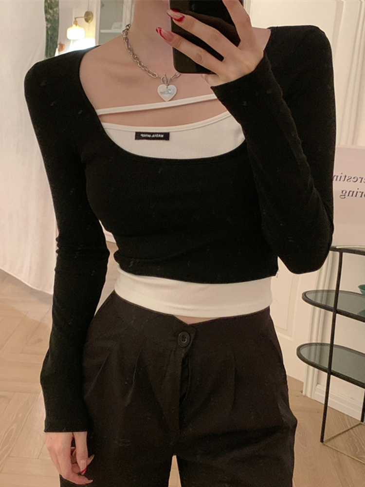 Y2K Fake Two-Piece Long Sleeve Top for Women - Hip-Hop Dance Outfit, K-Pop Performance Style Y2K Fake Two-Piece Long Sleeve Top for Women - Hip-Hop Dance Outfit, K-Pop Performance Style