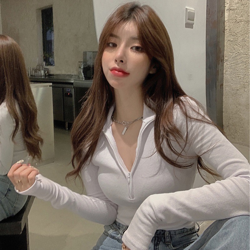 Y2K Half-Zip Long Sleeve T-Shirt for Women, Slim Fit Cool Spicy Top, European American Party Style, K-Pop Dance Fashion