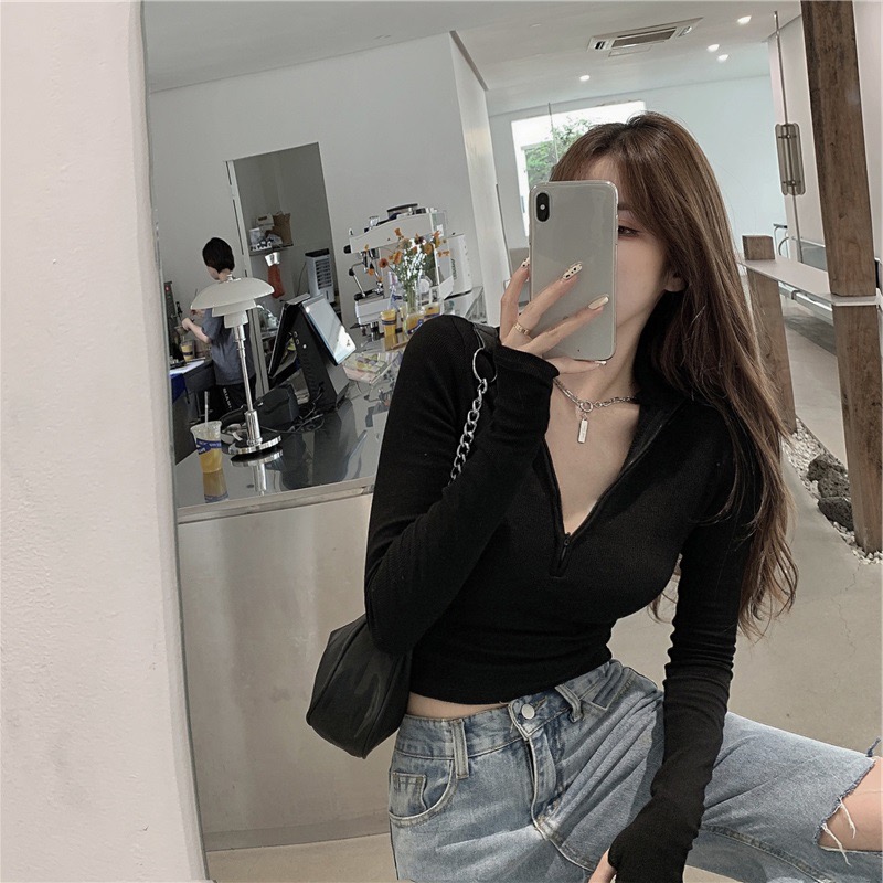 Y2K Half-Zip Long Sleeve T-Shirt for Women, Slim Fit Cool Spicy Top, European American Party Style, K-Pop Dance Fashion Y2K Half-Zip Long Sleeve T-Shirt for Women, Slim Fit Cool Spicy Top, European American Party Style, K-Pop Dance Fashion