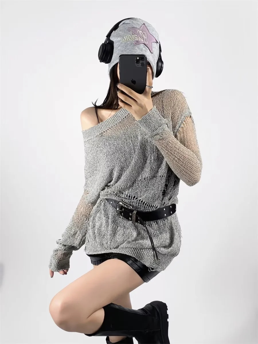 Y2K Hollow Knit Cardigan for Women, Long Sleeve Stylish Outerwear Top, Dance Jazz Outfit, Trendy American Style
