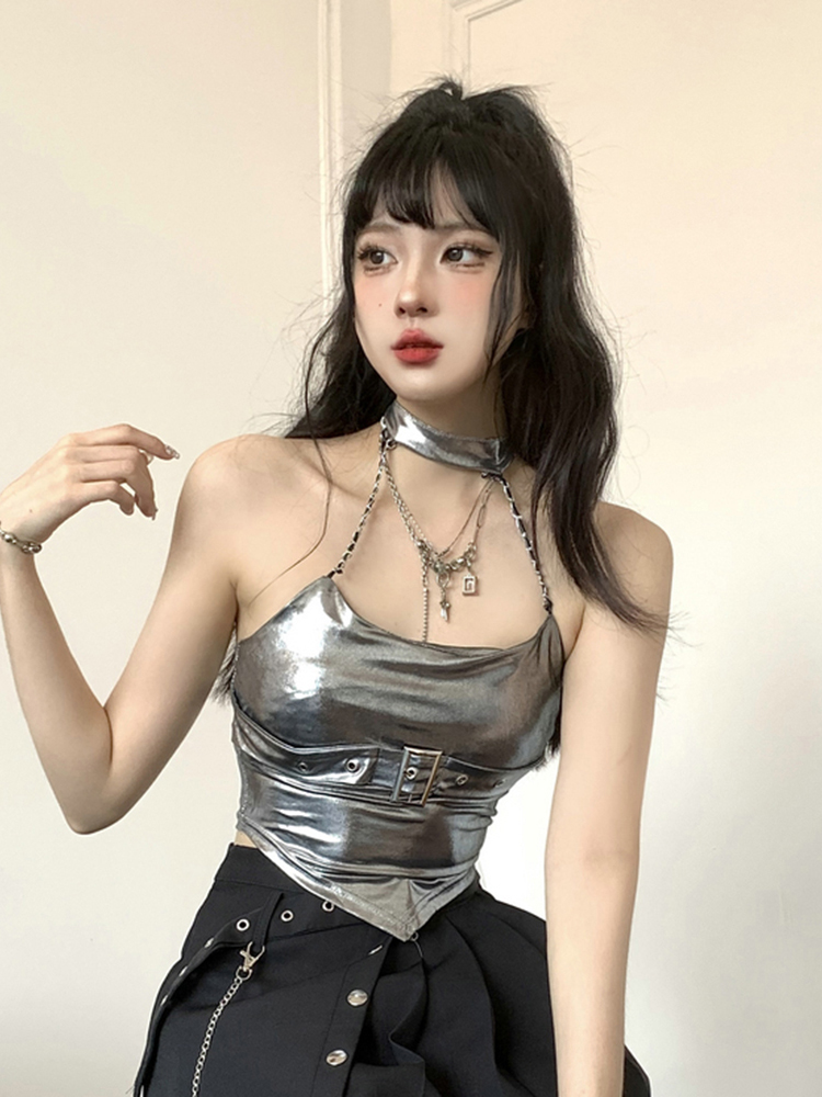Y2K Jazz Dance Camisole Top for Women - Sweet & Spicy Silver K-Pop Style for Spring and Autumn Y2K Jazz Dance Camisole Top for Women - Sweet & Spicy Silver K-Pop Style for Spring and Autumn