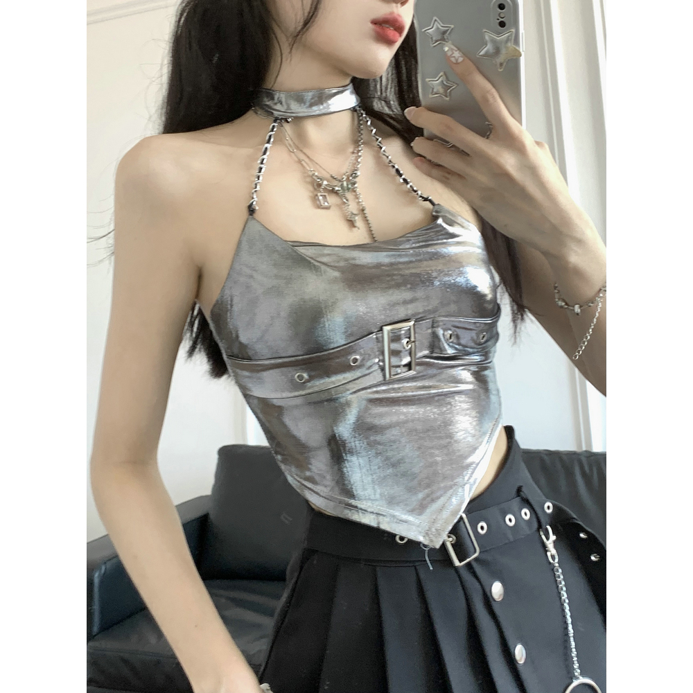 Y2K Jazz Dance Camisole Top for Women - Sweet & Spicy Silver K-Pop Style for Spring and Autumn