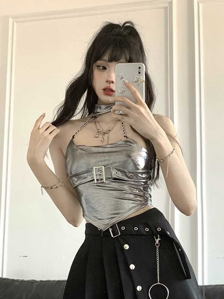 Y2K Jazz Dance Camisole Top for Women - Sweet & Spicy Silver K-Pop Style for Spring and Autumn Y2K Jazz Dance Camisole Top for Women - Sweet & Spicy Silver K-Pop Style for Spring and Autumn